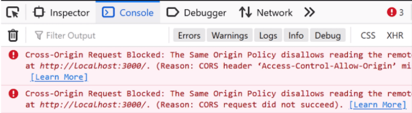 Screenshot of CORS error in Firefox
