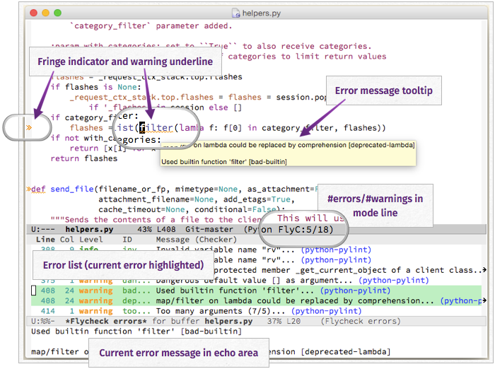 Image of Flycheck in Emacs showing off its features